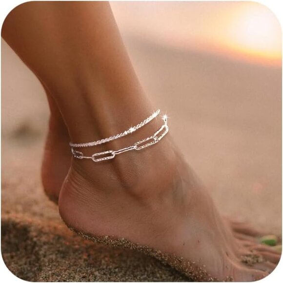 Silver Paperclip-SL Beaded Cuban Link Waterproof Adjustable Anklet for Women - Picture 1 of 8